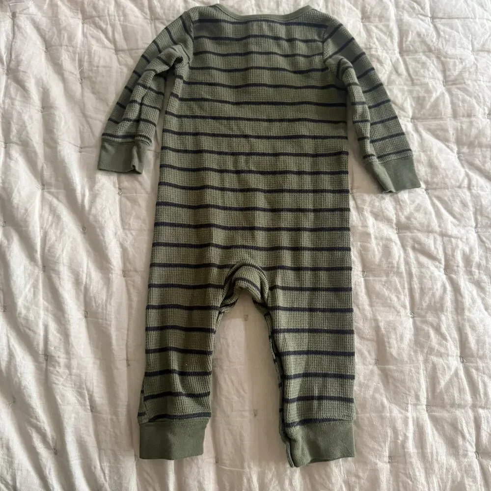 Carter’s Green Stripe Henley Romper Ribbed Thermal Waffle Knit Baby Boy 9 Months